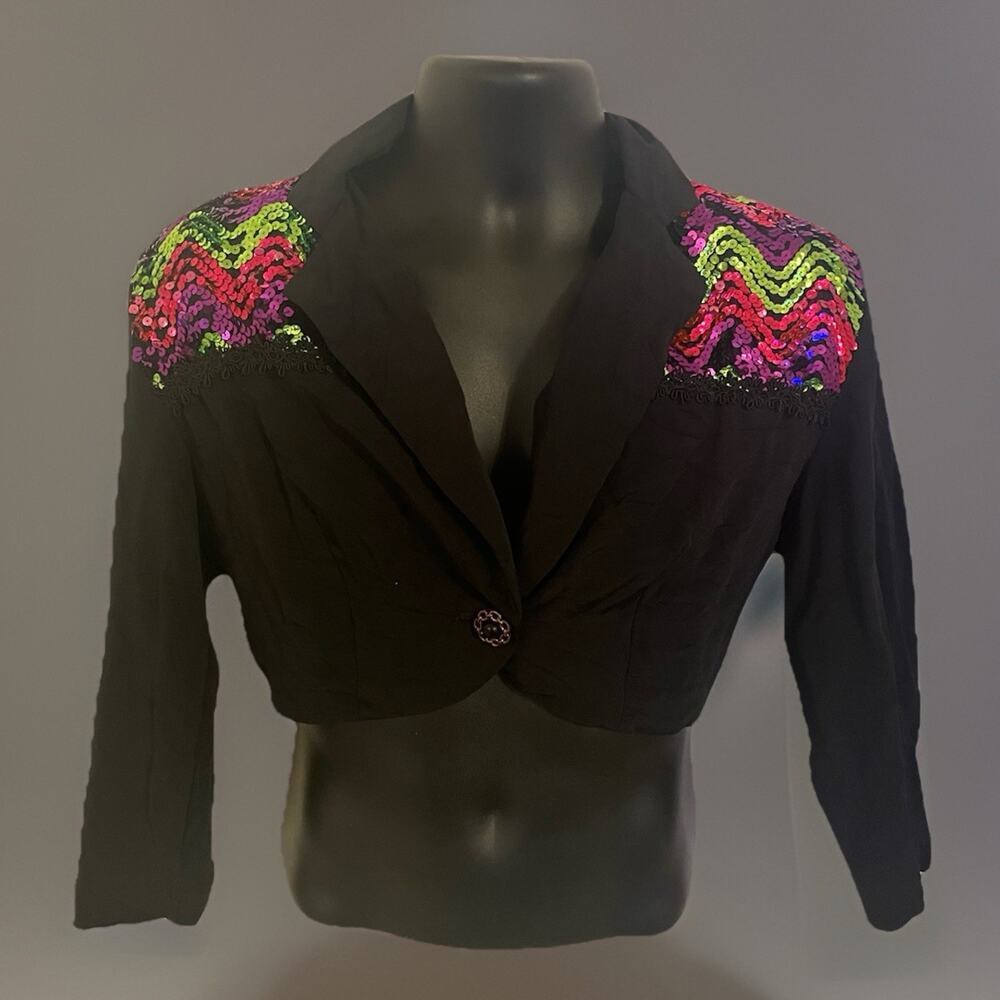 VTG 90s Bolero Jacket Black Sequined Collar Purple Button Whimsi Fairy Goth M